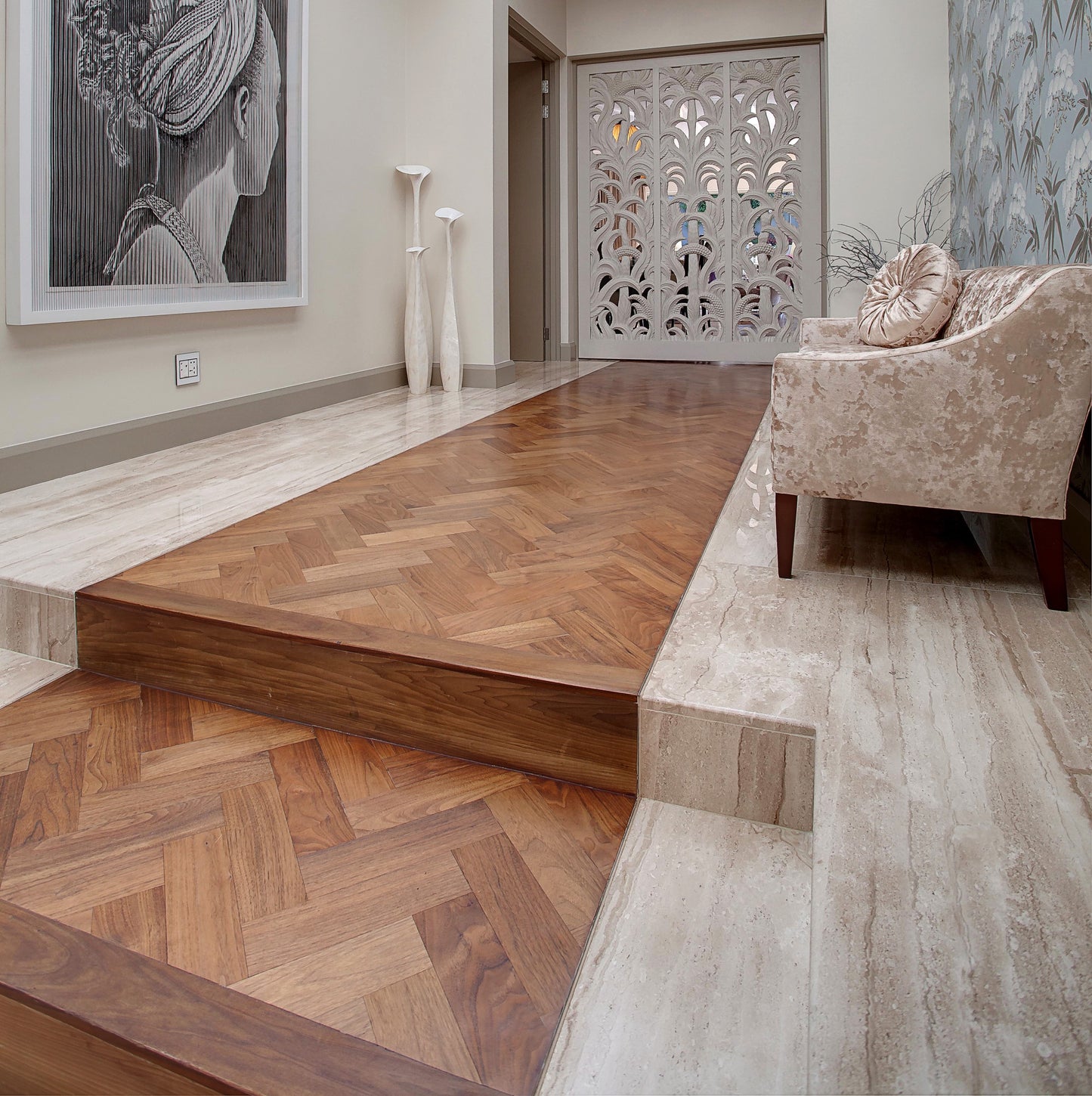 Teak Herringbone Flooring engineered oak with rich tones